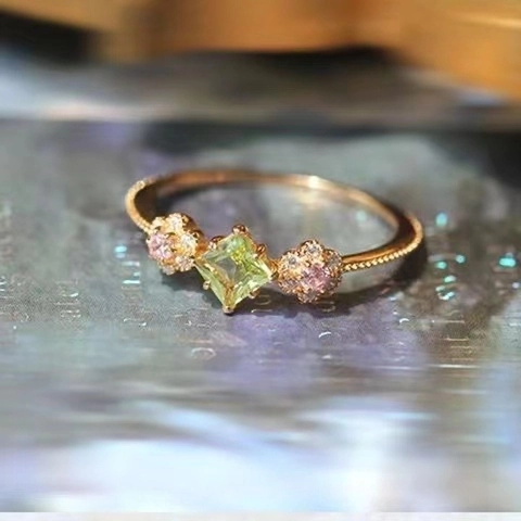 Vintage Square Peridot Floral Ring Copper Gold Plated Adjustable Flower Finger Jewelry For Women