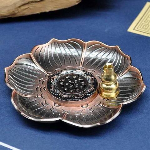 Lotus Incense Holder Burner Tray Zinc Alloy Bronze Plated Multi-Hole Gourd Shape Vintage Home Meditation Zen Decor