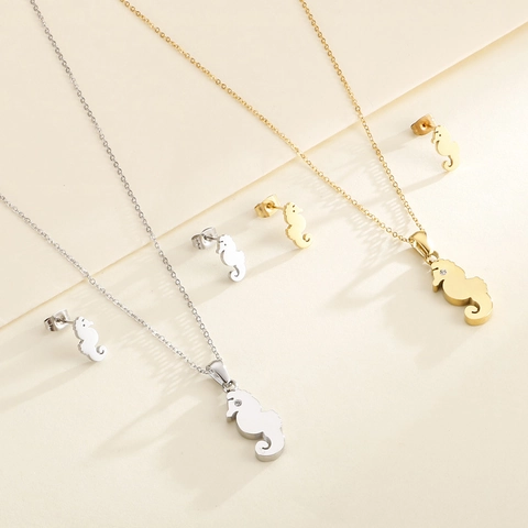 Seahorse Pendant Necklace And Stud Earrings Stainless Steel Zircon Animal Theme Ocean Style Jewelry