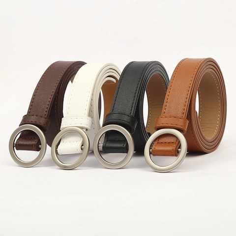 Women Minimalist PU Leather Belt With Silver Round Square Buckle Adjustable Holeless Waist Belt For Jeans Pants Accessories