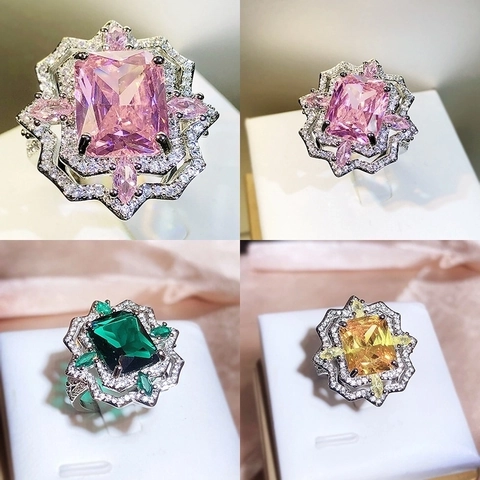 Vintage Brass Emerald Cut Ice Flower Rhinestone Open Ring For Women Adjustable Luxurious Colorful Geometric Halo Finger Ring Jewelry Gift