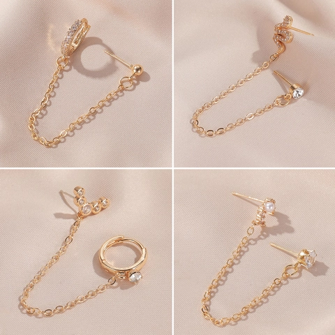 Geometrische Schlange Mond Lange Kette Ohrring Mit Edelstahl Ohrstecker Kupfer Zirkonia Asymmetrische Ear Cuff Punk Gothic Damen