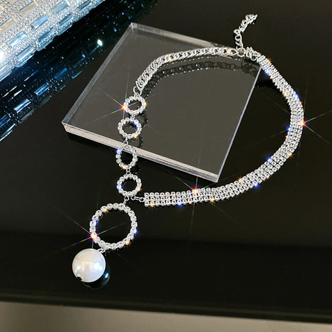 Elegant Alloy Rhinestone Circular Link Necklace With Large Artificial Pearl Pendant Fashion Clavicle Chain For Women Jewelry