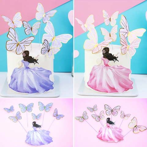 Topper Per Torta Con Farfalla E Silhouette Di Ragazza Inserti In Carta Dorata Per Festa Di Compleanno Matrimonio