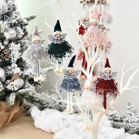 Pendenti Angelo Di Natale Peluche Pizzo Legno Ornamenti Appesi Decorazione Albero Di Natale Stile Nordico Bambole Fata