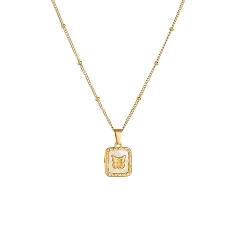 Butterfly Rose Pendant Necklace Titanium Steel Mother Of Artificial Pearl Shell Satellite Chain Gold Plated Vintage Jewelry For Women