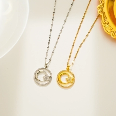 Collar Con Colgante De Luna Y Estrella De Acero Inoxidable Para Mujer Cristal Redondo Geométrico Cadena Clavícula