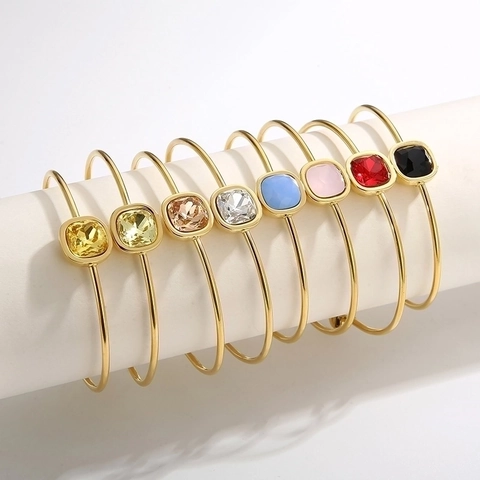 Elegant Stainless Steel Bangle For Women Square Cut Rhinestone Inlaid 18K Gold Plated Bangle Multicolor Stone Bracelet Jewelry
