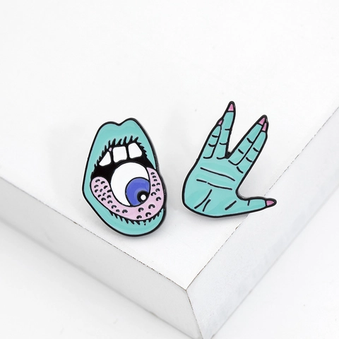 Creative Alloy Enamel Brooch Set Funny Mint Green Mouth Eyeball Hand Gesture Badge Punk Cartoon Lapel Pins For Denim Clothes Backpack Decoration Unisex