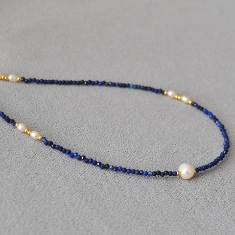 Handmade Minimalist Lapis Lazuli Beaded Necklace With Small Freshwater Pearls Brass Gold Plated Tiny Beads Elegant Jewelry For Women