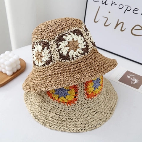 Women Handmade Crochet Paper Straw Bucket Hat Summer Sun Protection Floral Beach Hat Foldable Breathable Sweet Sun Hat