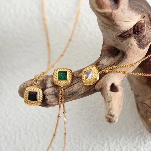 Collana E Orecchini Con Pendente Quadrato In Acciaio Inossidabile Pietra Di Vetro Zircone Gioielli Retrò Per Donna