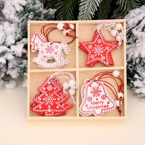 Ornamenti Appesi Di Natale In Legno Rosso Bianco Fiocco Di Neve Dipinto Stella Campana Cavallo A Dondolo Decorazioni