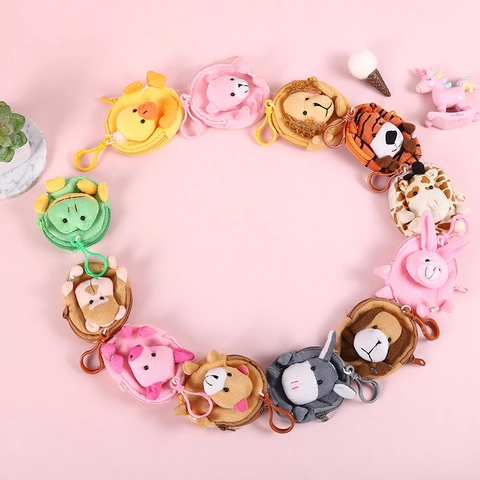 Plush Cartoon Animal Head Coin Purse Mini Zipper Wallet With Keychain Hook Portable Embroidered Bag Hanger
