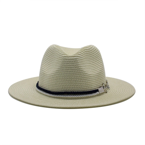 Woven Straw Fedora Hat Wide Brim Sun Protection Beach Vacation Nautical Rope Silver Anchor Star Decor Unisex