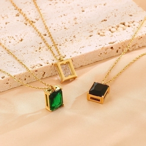 Französische Retro Rechteck Glas Anhänger Halskette Edelstahl Minimalistische Goldene Schlüsselbeinkette Für Frauen Eleganter Schmuck