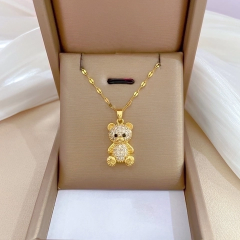 Collana Con Pendente Orsetto Carino Zircone Pavimentato Catena In Acciaio Al Titanio Rame Gioielli Di Lusso Da Donna