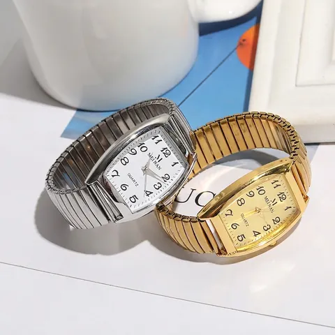 Vintage Rectangular Quartz Watch With Elastic Expansion Metal Band Easy Read Arabic Numerals For Women Seniors Retro