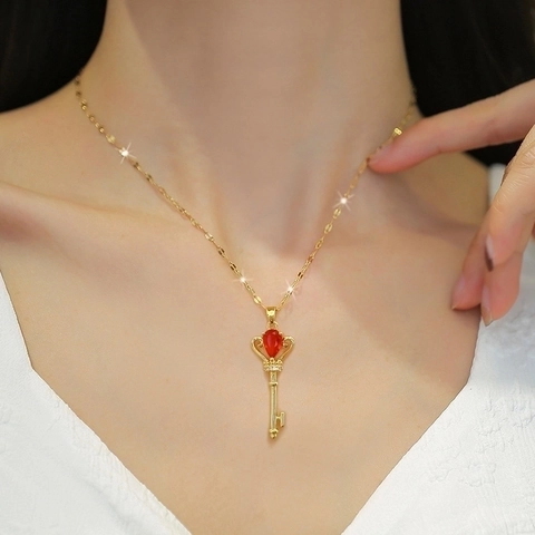 Key Pendant Necklace Crown Red Water Drop Gemstone Gold Titanium Steel Chain Copper Micro Inlay Clavicle For Women