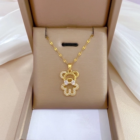 Bär Anhänger Halskette Edelstahlkette Kupfer Straß Fliege Elegante Luxus Schmuck Für Frauen Vergoldet