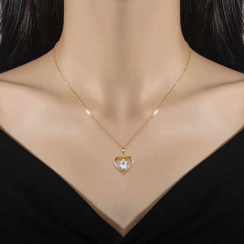 Herz Anhänger Halskette Gold Plattiert Edelstahlkette Kupfer Mikropavé Zirkonia Schlüsselbein Für Damen Elegante Schmuck