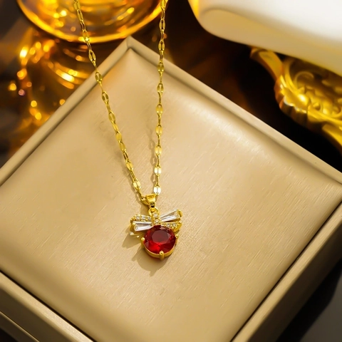 Elegante Collar con Colgante de Lazo de Acero de Titanio Con Diamantes de Imitación Blancos Cadena de Oro Joyería para Mujer
