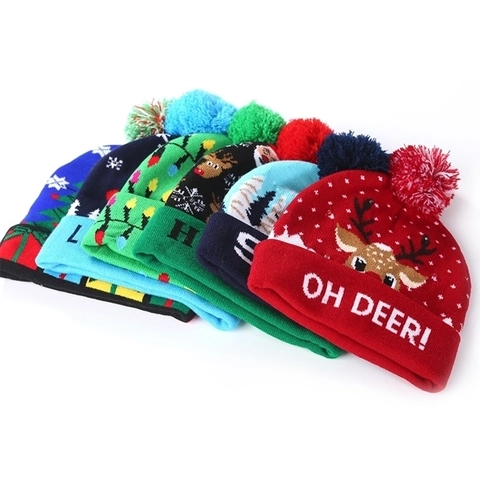 Christmas LED Knit Beanie Hat Acrylic Light Up Warm Pom Pom Cap For Holiday Party Adults Kids