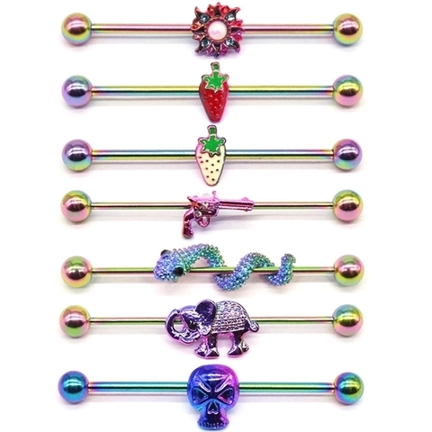 Boucle Oreille Industriel Barbell Acier Inoxydable 316L Arc En Ciel Anodisé Piercing Cartilage Serpent Fraise Crane Punk