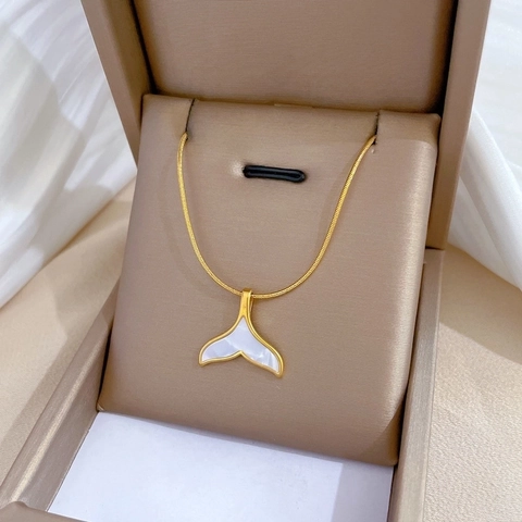 Whale Tail Pendant Necklace Stainless Steel Mother Of Artificial Pearl Shell Minimalist 18K Gold Plated Snake Bone Chain Jewelry For Women