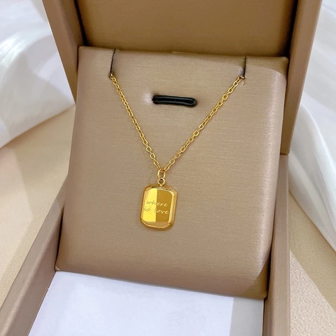 Titanium Stalen Vierkante Baksteen Hanger Ketting Verguld Where Is Love Gegraveerd Minimalistische Sleutelbeenketting