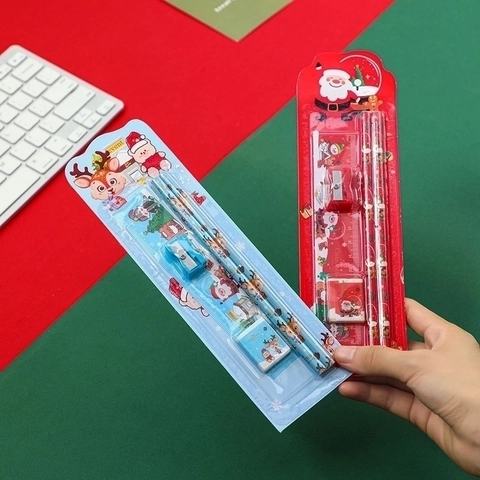 Kerst Briefpapier Set Houten Potloden Liniaal Gum Puntenslijper Cartoon Kerstman Rendier Student Schoolbenodigdheden Cadeau