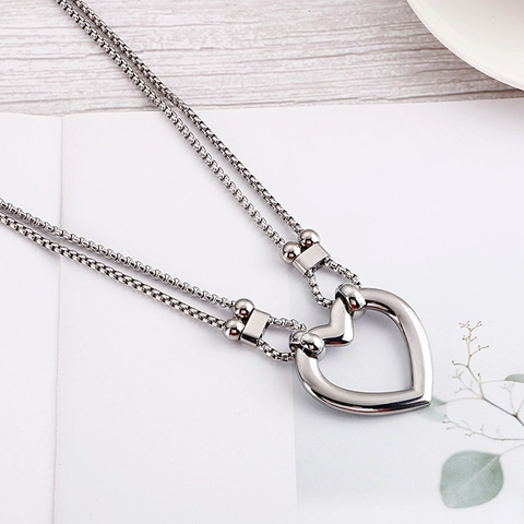Stainless Steel Heart Necklace Double Layer Hollow Pendant Minimalist Sweet Jewelry For Women