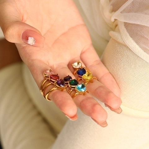 Heart Ring Titanium Steel 18K Gold Plated Cubic Zirconia Colorful Gemstone Simple Elegant Jewelry For Women Gift