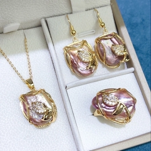 Bijoux En Perles D'eau Douce Baroque Collier Boucles D'oreilles Bague Rose Violet Iridescent Feuille Zircon Cuivre Plaqué Or
