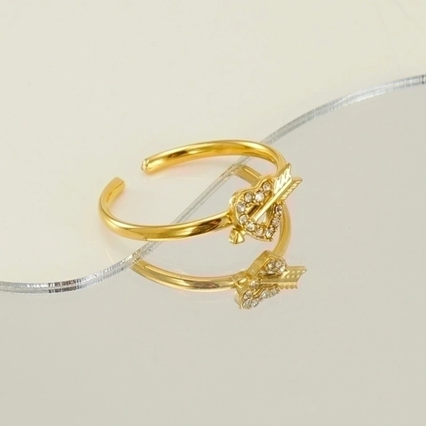 Cupid Arrow Heart Open Ring 18K Gold Plated Stainless Steel White Zircon Adjustable Finger Jewelry For Women Trendy