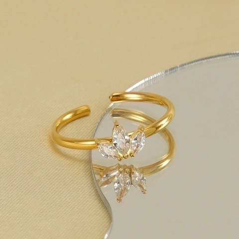 Marquise Zircon Maple Leaf Open Ring 18K Gold Plated Stainless Steel Adjustable Jewelry For Women Elegant Fashion
