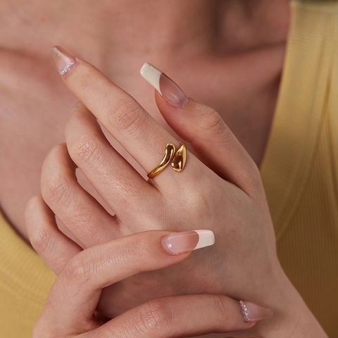 Minimalist Water Drop Open Ring 18K Gold Plated Stainless Steel Adjustable Teardrop Statement Jewelry For Women