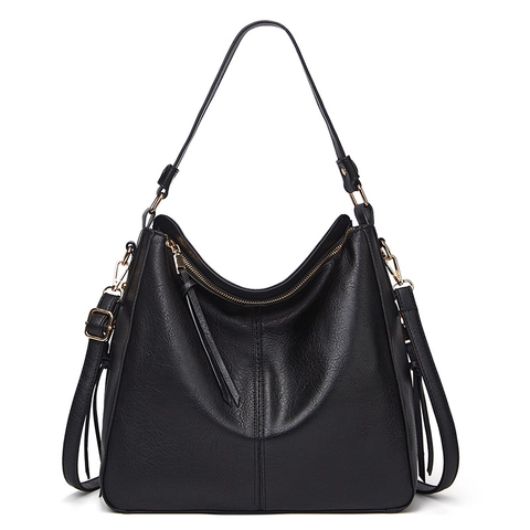 Women Large Capacity PU Leather Hobo Shoulder Bag Retro Fashion Tote Handbag With Tassel Gold Hardware Adjustable Strap