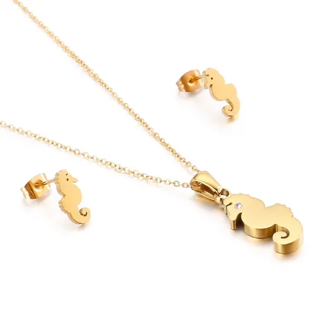 Seahorse Pendant Necklace And Stud Earrings Stainless Steel Zircon Animal Theme Ocean Style Jewelry
