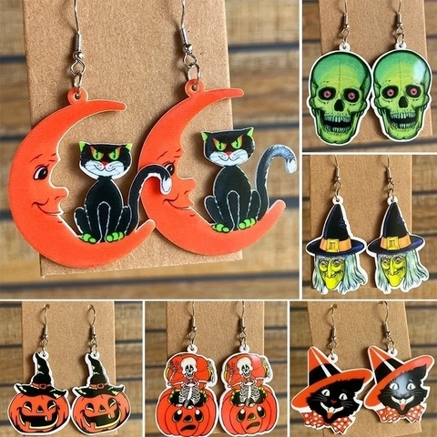 Pendientes De Halloween Acrílico Calavera Calabaza Gato Negro Luna Bruja Fiesta Retro Joyas Para Mujeres