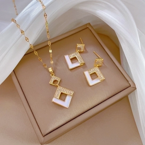 Geometric Square Pendant Necklace And Earrings Titanium Steel Copper Gold Plated Zircon Enamel With Silver Earring Post