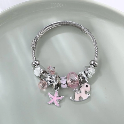 Women DIY Beaded Stainless Steel Bracelet With Pink Rocking Horse Starfish Charms Rhinestone Heart Pendant Fashion Jewelry