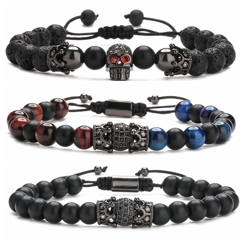 Beaded Bracelet Natural Tiger Eye Volcanic Stone Copper Micro Pave Crown Skull Adjustable Braided Rope Gothic For Men