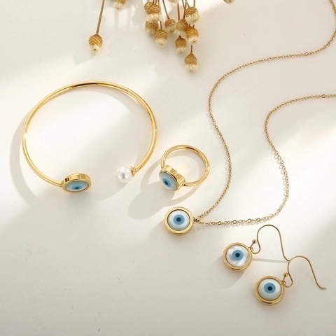 Edelstahl Böser Blick Hand der Fatima Schmuckset Für Damen Gold Roségold Silber Muschel Herz Halskette Armband Ohrringe