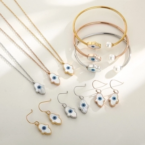 Hamsa Hand Böser Blick Herz Anhänger Halskette Ohrringe Und Armband Edelstahl Muschel Künstliche Perle Schmuck Für Frauen