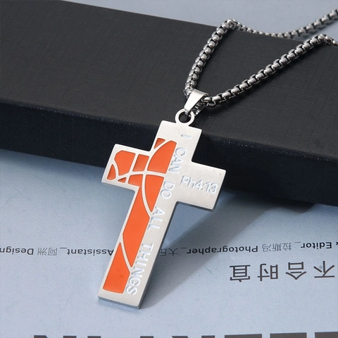 Kruis Hanger Ketting Roestvrij Staal Gegraveerde Bijbeltekst Basketbal Sport Motiverende Sieraden Voor Mannen