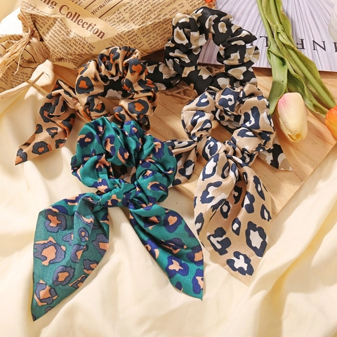 Chiffon Satin Scrunchies With Bow Ribbon Rabbit Ear Leopard Snake Floral Print Elastic Hair Ties For Women Girls