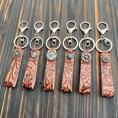 Porte-clés En Cuir Véritable Vintage Occidental Avec Turquoise Gaufré Peau De Vache Tournesol Fer À Cheval Charme Métallique Mousqueton