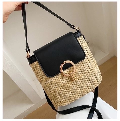 Straw Woven Bucket Bag PU Leather Splicing Metal Round Buckle Crossbody Shoulder Handbag For Women Beach Vacation Chic