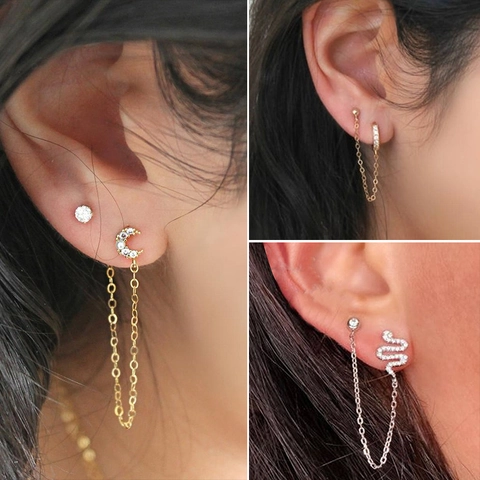 Geometrische Schlange Mond Lange Kette Ohrring Mit Edelstahl Ohrstecker Kupfer Zirkonia Asymmetrische Ear Cuff Punk Gothic Damen
